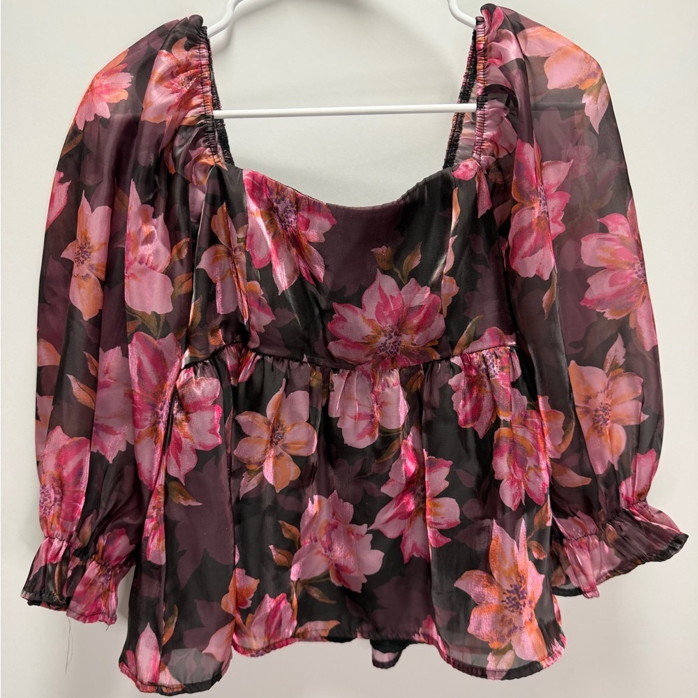 Thirty Thirty LA RESIDENTS Floral Babydoll Puff Sleeve Cropped Blouse Size XL